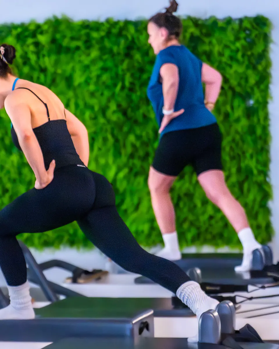 A member lunging on the Reformer in front of the plant wall